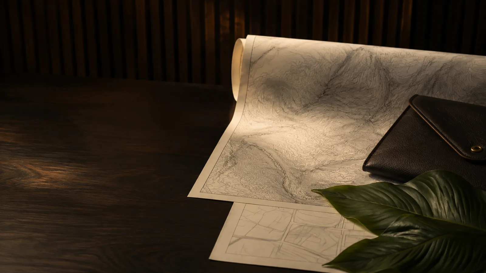 Mapa topográfico aberto, pasta de couro e folhagem sobre mesa, ilustrando licenciamento ambiental