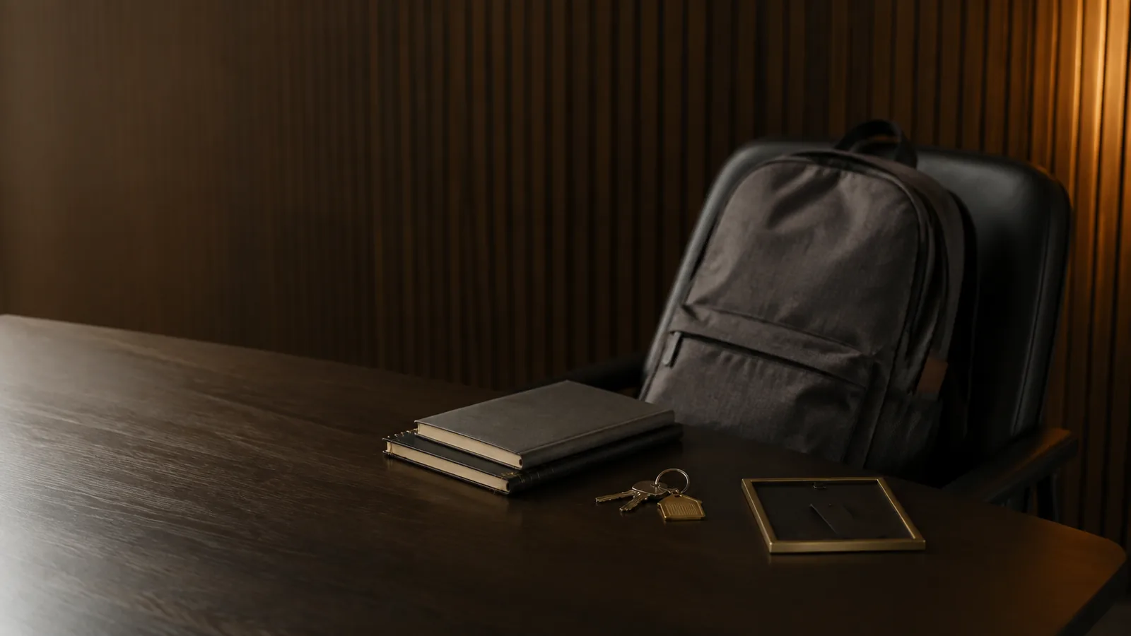 Mochila escolar sobre cadeira, caderno e chaves em sala de reunião de escritório em Eunápolis