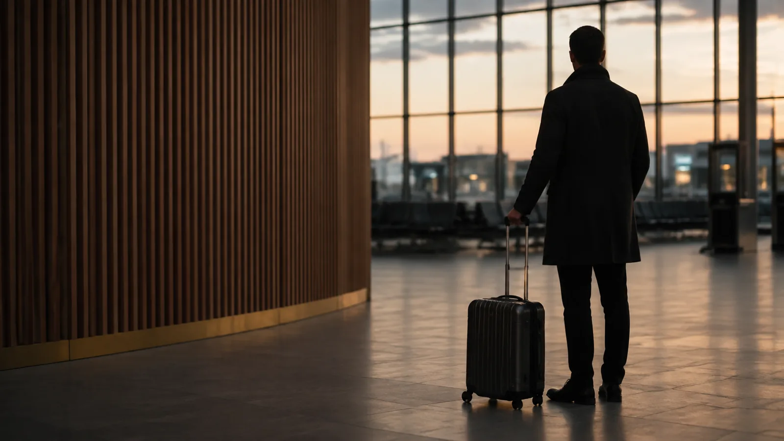 Passageiro de costas com mala de mão em saguao de aeroporto ao entardecer