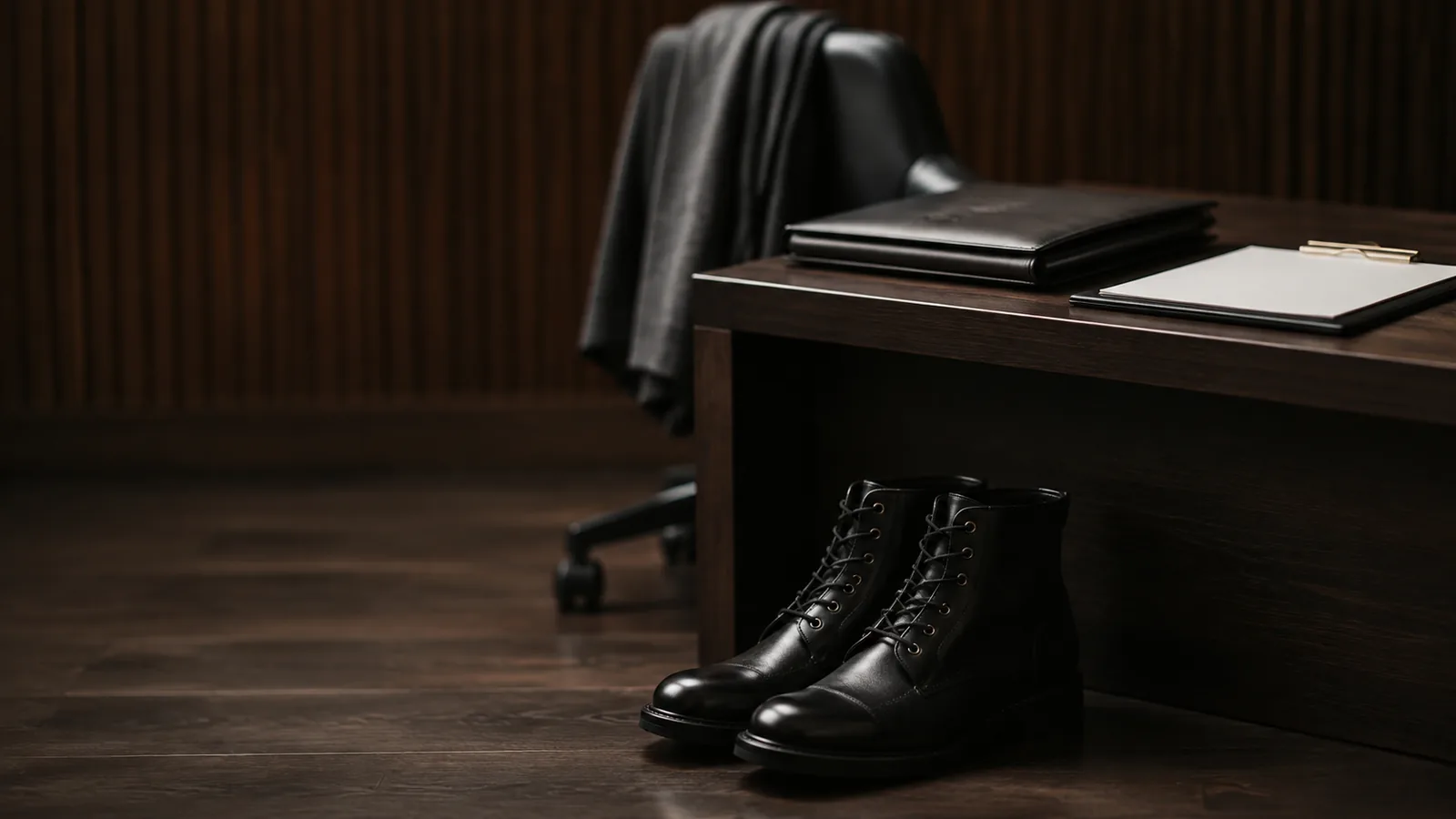 Par de coturnos ao lado de mesa de gabinete com pasta e prancheta