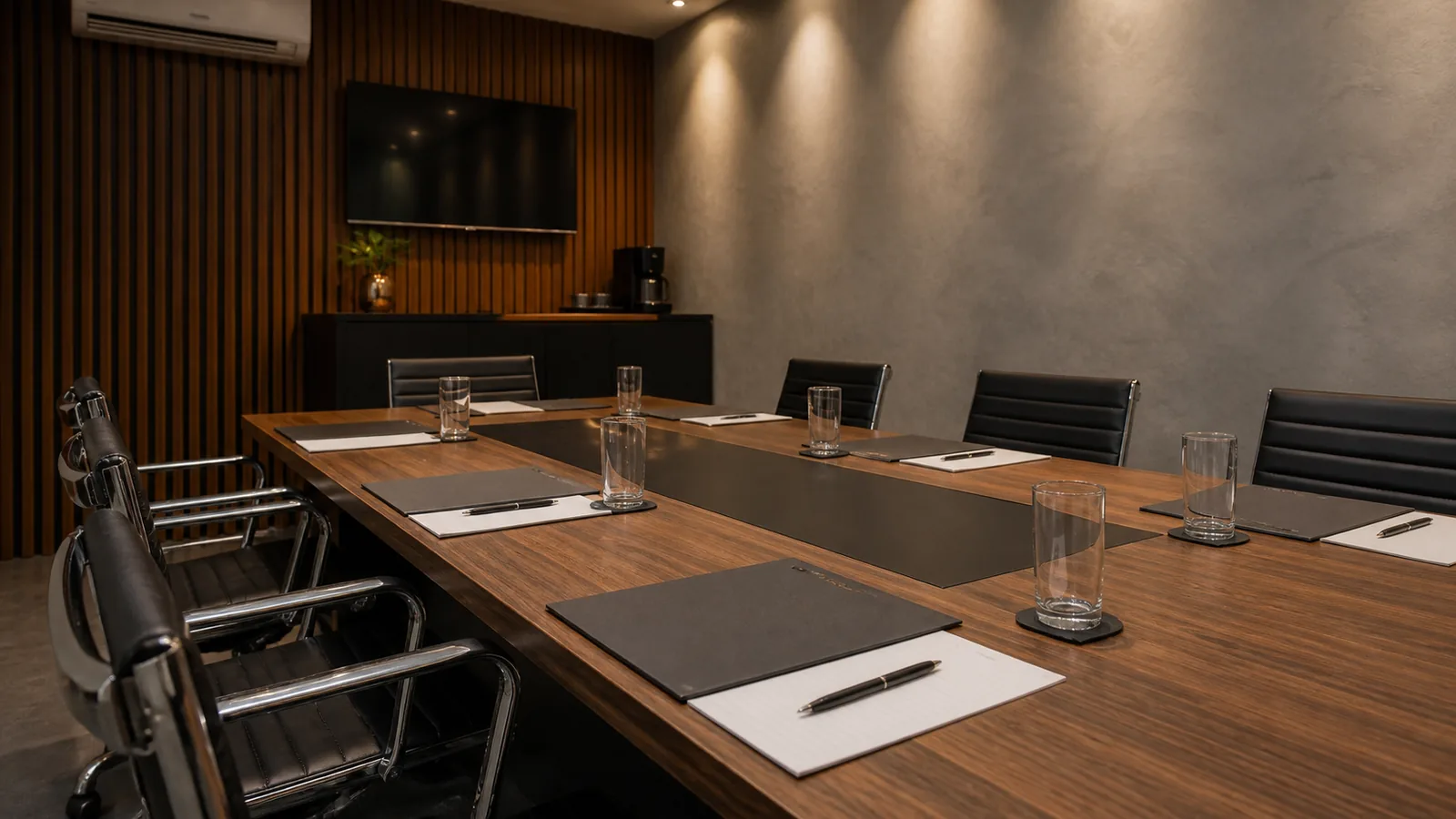 Sala de reuniões com mesa longa de madeira, pastas pretas, blocos de anotações, canetas e copos d'água dispostos em cada lugar, cadeiras de couro preto vazias, painel ripado e televisão ao fundo
