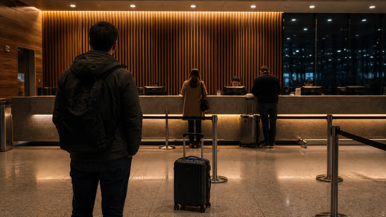 Passageiro de costas, com mochila e mala de mão, aguarda atrás de cordões de isolamento diante de um balcão de atendimento de aeroporto com painel de madeira, onde outros passageiros são atendidos