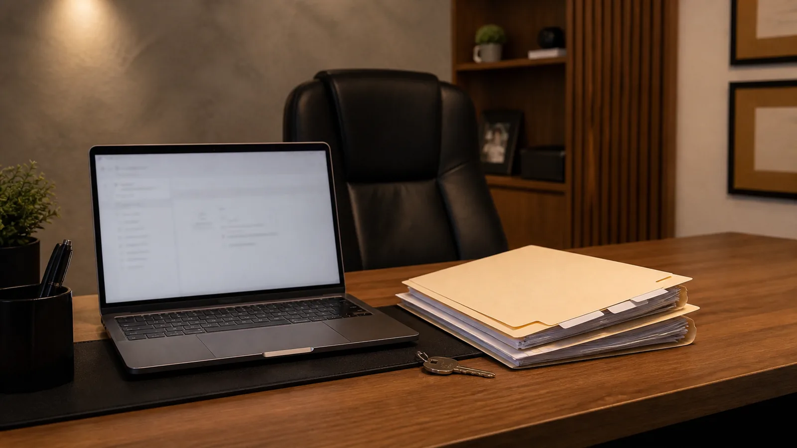 Mesa de escritório em madeira com notebook aberto, pilha de pastas de papel com documentos, uma chave solta ao lado e cadeira de couro ao fundo