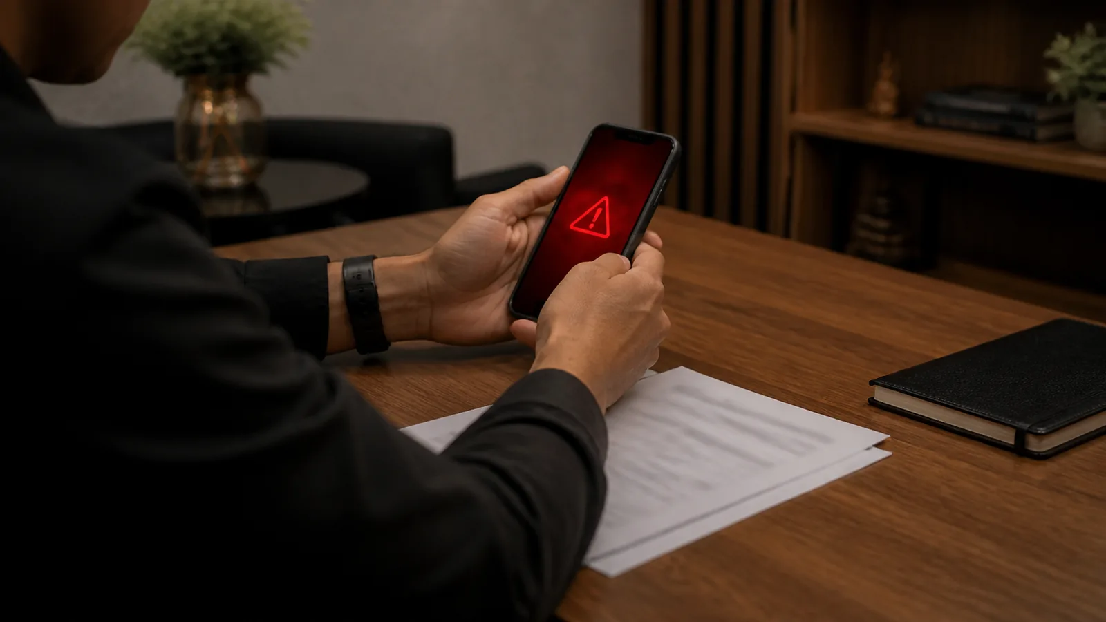 Mesa de escritório com documentos relacionados a cobrança e cadastro de crédito, entre eles um relatório de restrição e comprovantes de pagamento, ao lado de caneta e calculadora