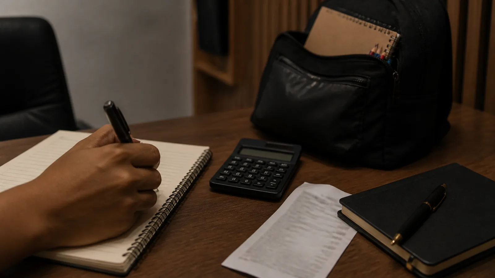 Mão segurando caneta sobre caderno espiral, ao lado de calculadora, recibo de papel, agenda fechada com caneta e mochila escolar com caderno, sobre mesa de madeira escura
