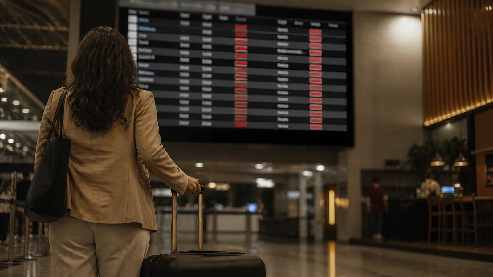 Imagem de capa sobre voo cancelado: ambiente de aeroporto com painel de partidas e passageiro aguardando com bagagem de mão.